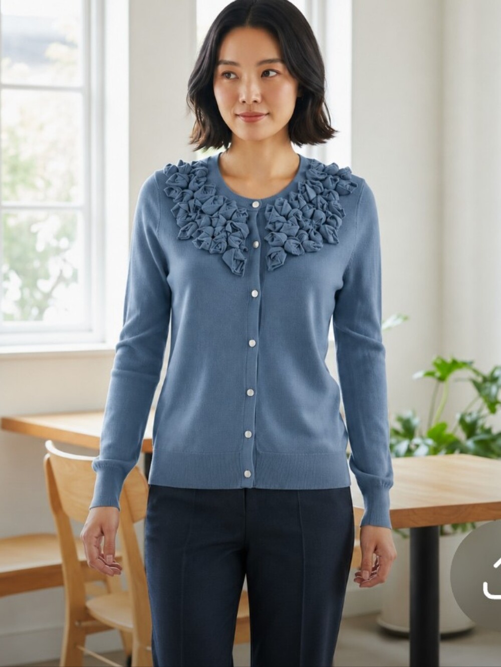Ann Taylor Embellished Thin Blue Cardigan Sweater , Small Petite